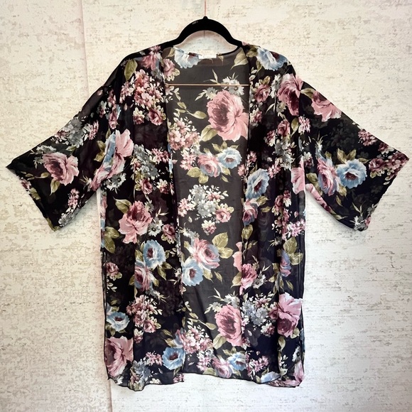 Sheer Floral Kimono Robe Sz M Made in USA Beach Cover-Up - Picture 1 of 15